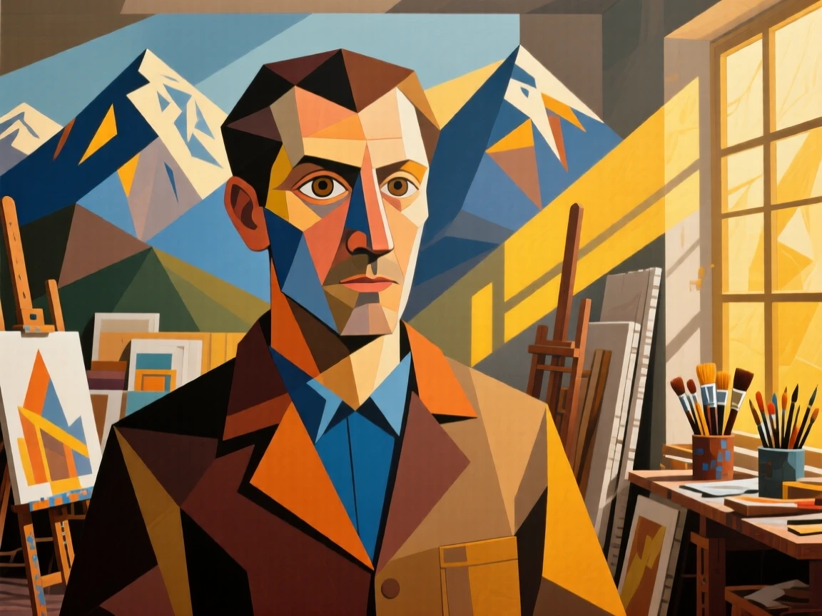 A medium shot portrait of a mountain guide in a bustling studio filled with warm afternoon light, focused and content in the craft.