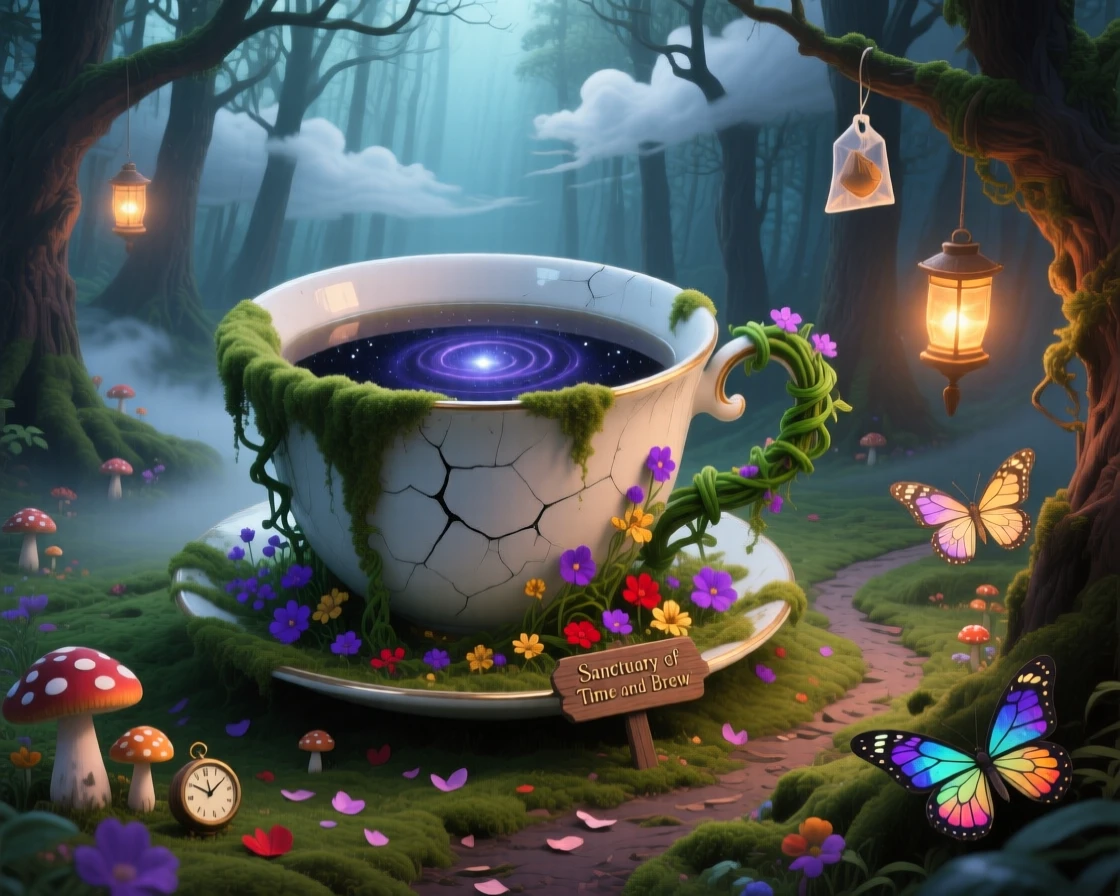 A giant teacup resting in the middle of a quiet forest clearing has become overgrown with moss, vines, and wildflowers, while tiny paths have been worn into the ground around it.