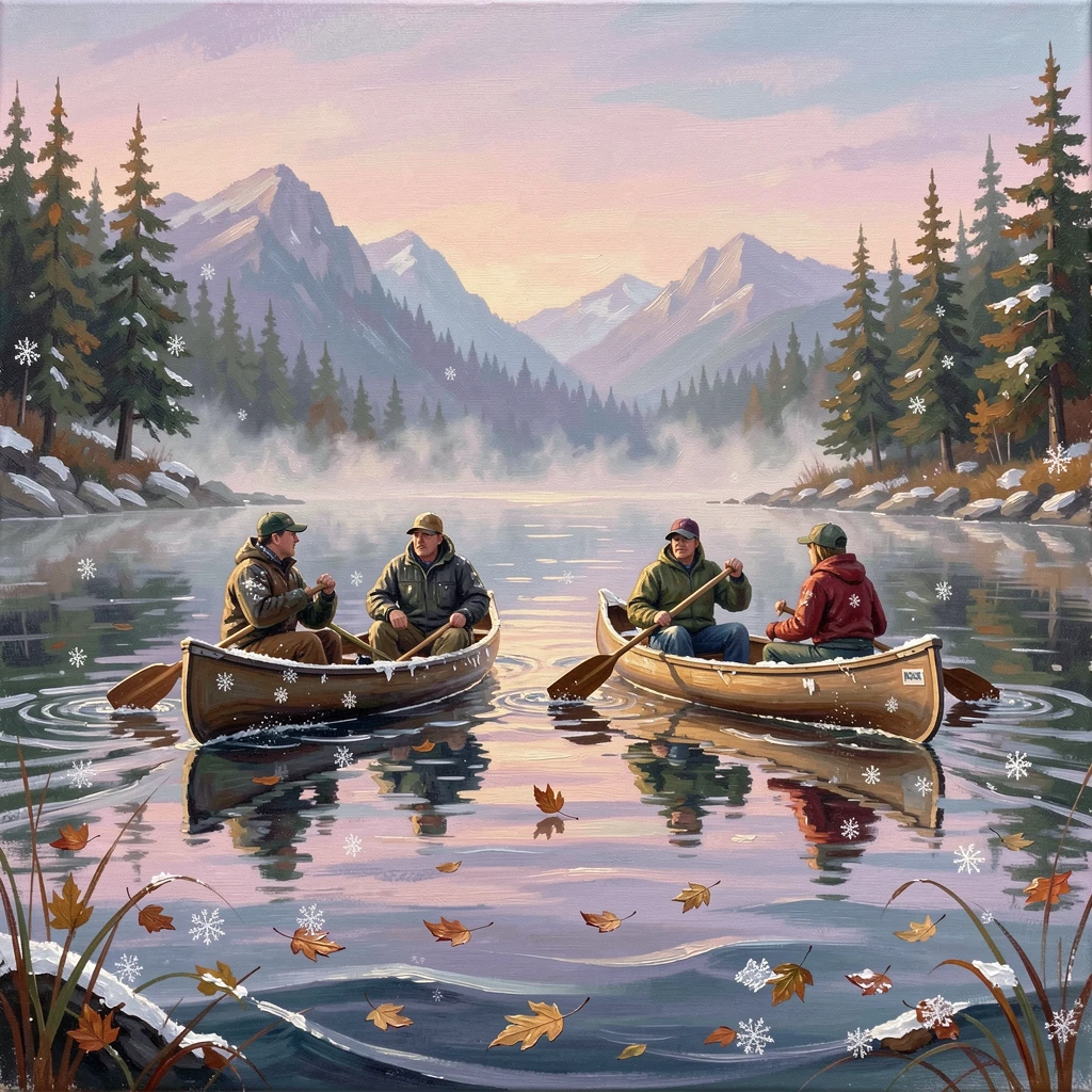 A group of friends paddles canoes across a still lake in the Canadian wilderness at dawn, mist rising gently off the glassy water, the natural elements, whether wind, water, or snow, playing an active role in the scene.