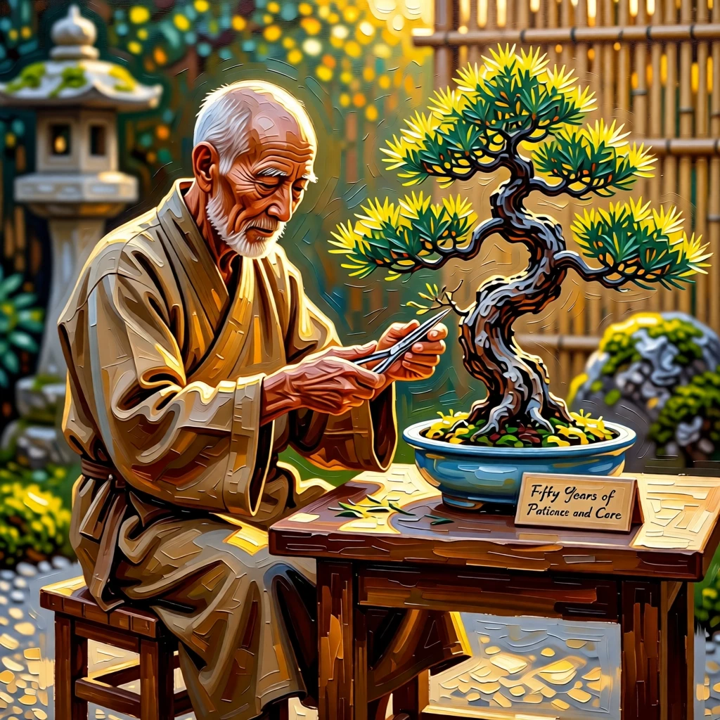 An elderly monk tending a bonsai tree he has cared for over fifty years