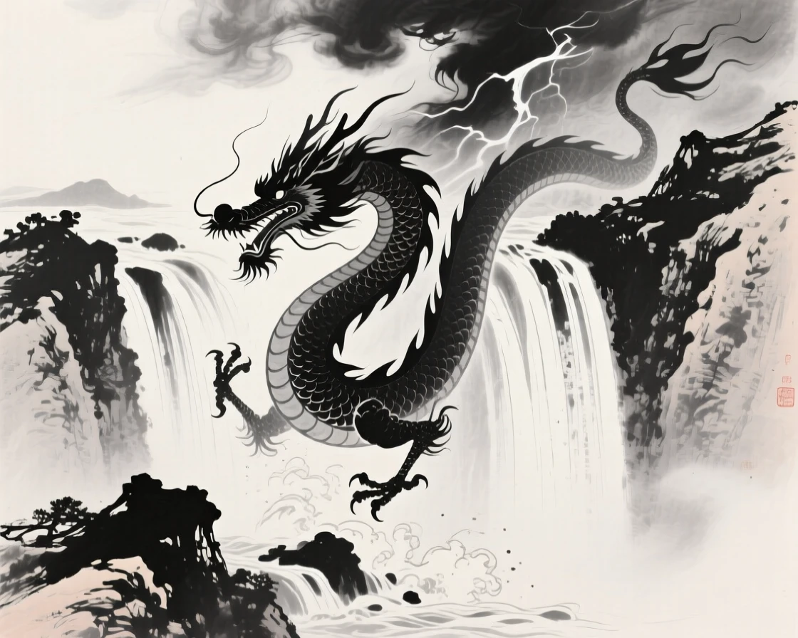 A dragon emerges from a churning waterfall, scales glinting in the light, as thunder rolls across the surrounding peaks.