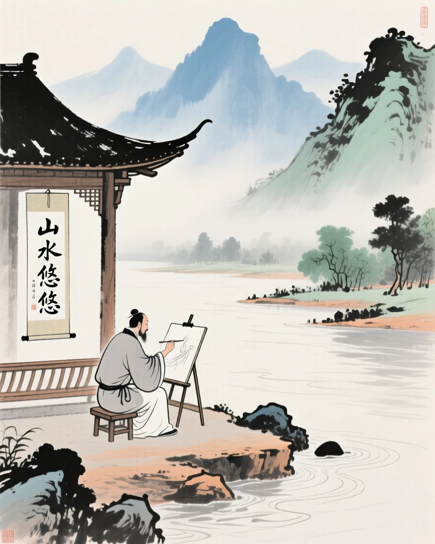 An artist sketching the mountains from a riverside pavilion, carrying a mood of wistful nostalgia.