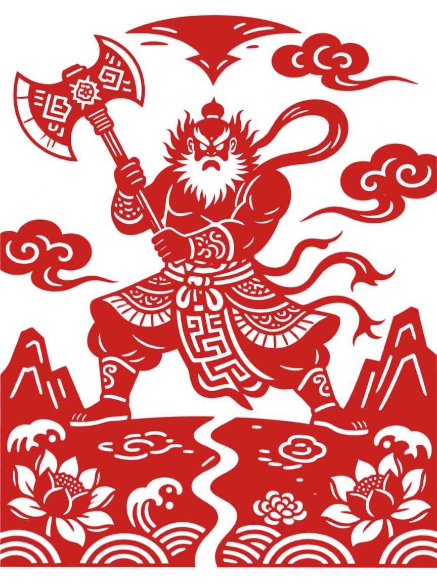 Pangu separating heaven and earth with a mighty axe, his enormous form growing taller between the two
