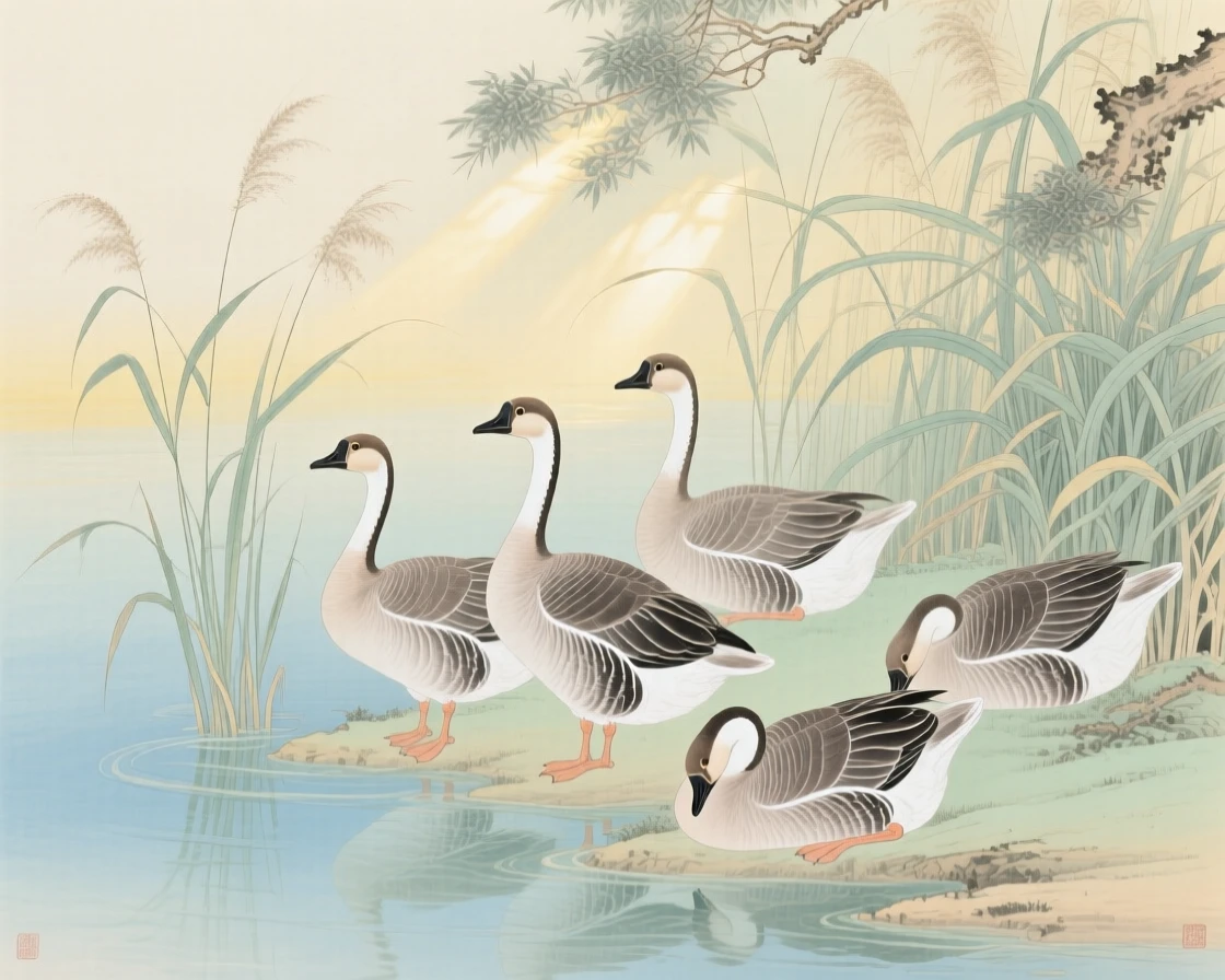A flock of wild geese resting among reeds at the water's edge, soft morning light filtering through the branches