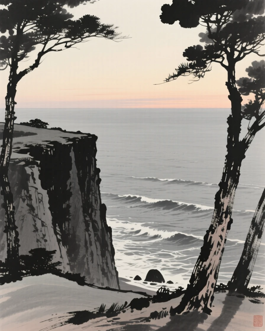 A high cliff overlook facing an endless expanse of ocean as evening shadows stretch long across the land, framed through a gap in the trees, revealing the valley beyond, evoking a deep sense of solitude and quiet grandeur.