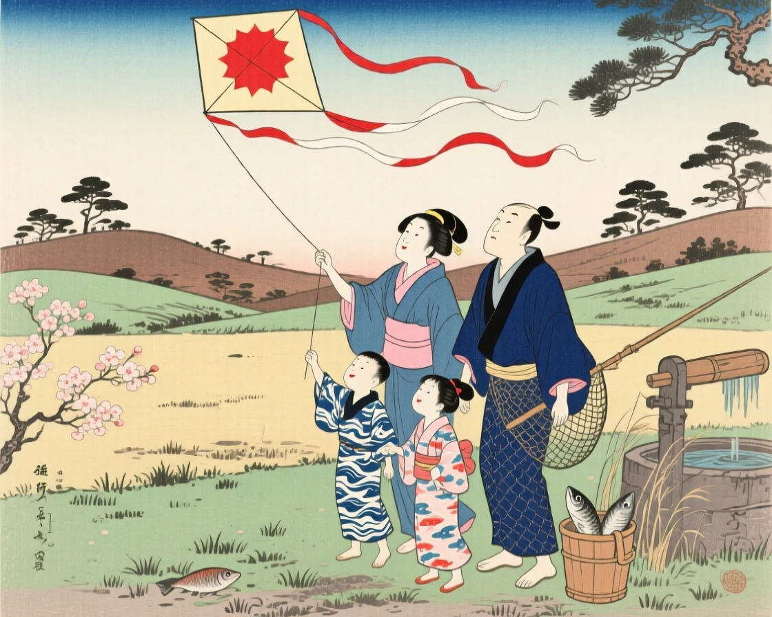 A fisherman's family flying a kite together in an open field.