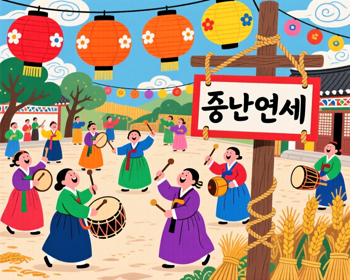 A village square filled with lanterns and drummers during a harvest celebration.