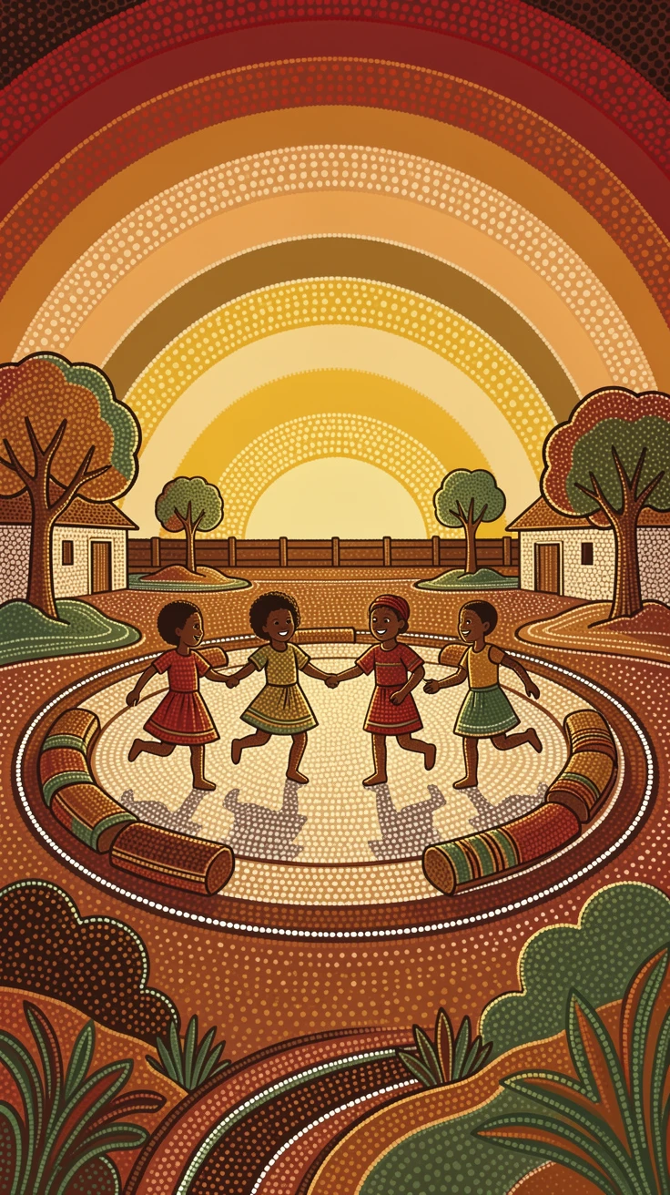 Children playing together in a village square at sunrise