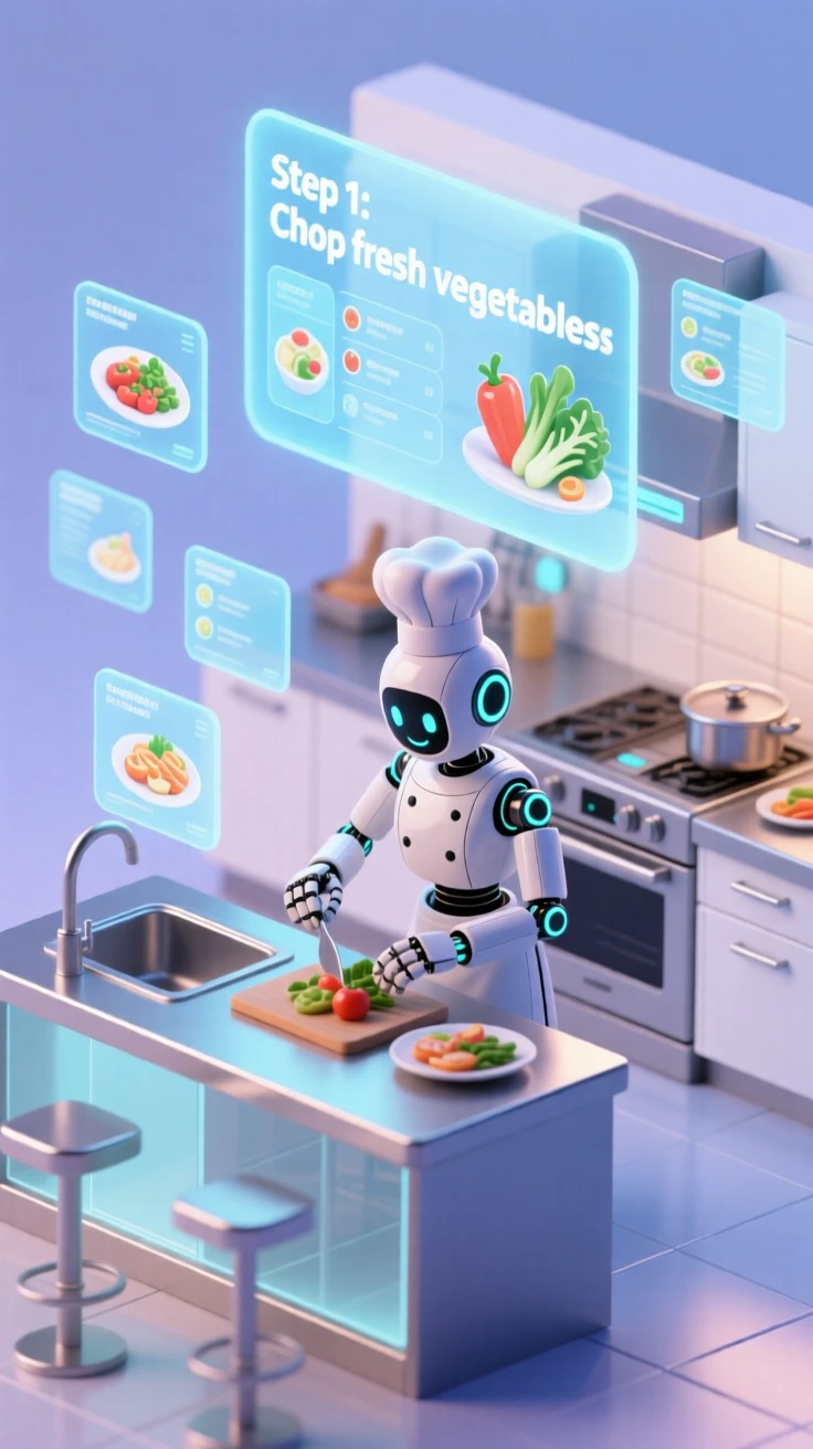 A robot chef preparing a meal in a high-tech kitchen, holographic recipe screens floating above the counter.