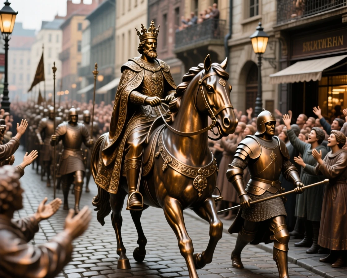 A royal procession moving through a crowded city street, capturing a powerful moment of triumph and destiny, evoking legend and timeless drama