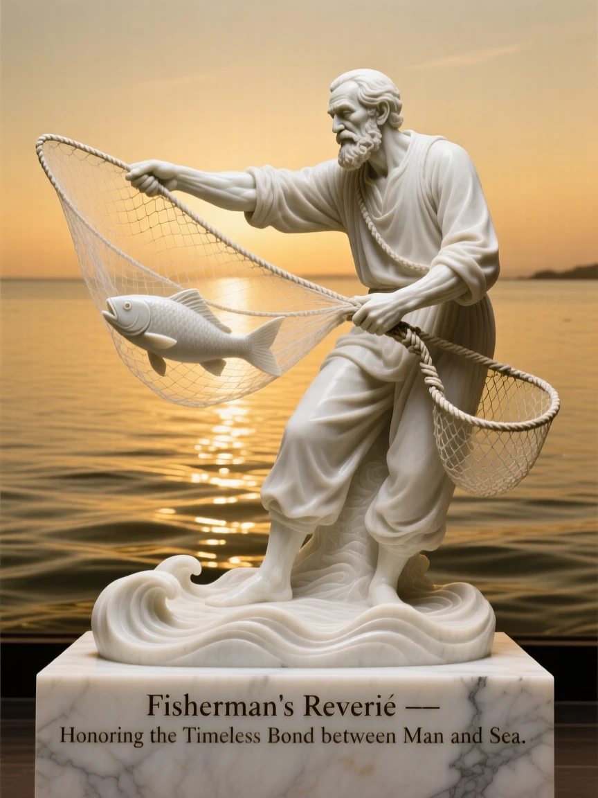 A beautifully composed image of a fisherman casting his net into golden waters, in a moment of quiet stillness, full of atmosphere and visual storytelling