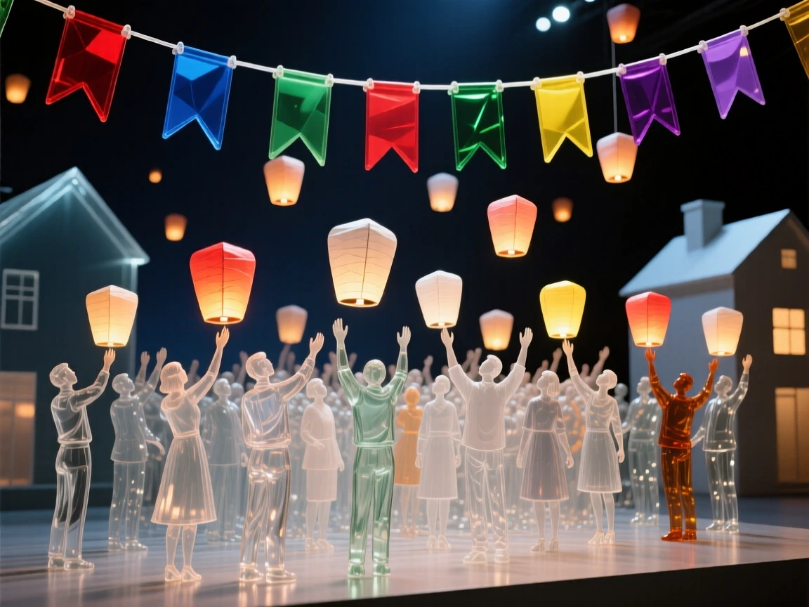 A crowd releasing hundreds of paper lanterns into the night sky, beneath strings of colorful flags stretched between buildings