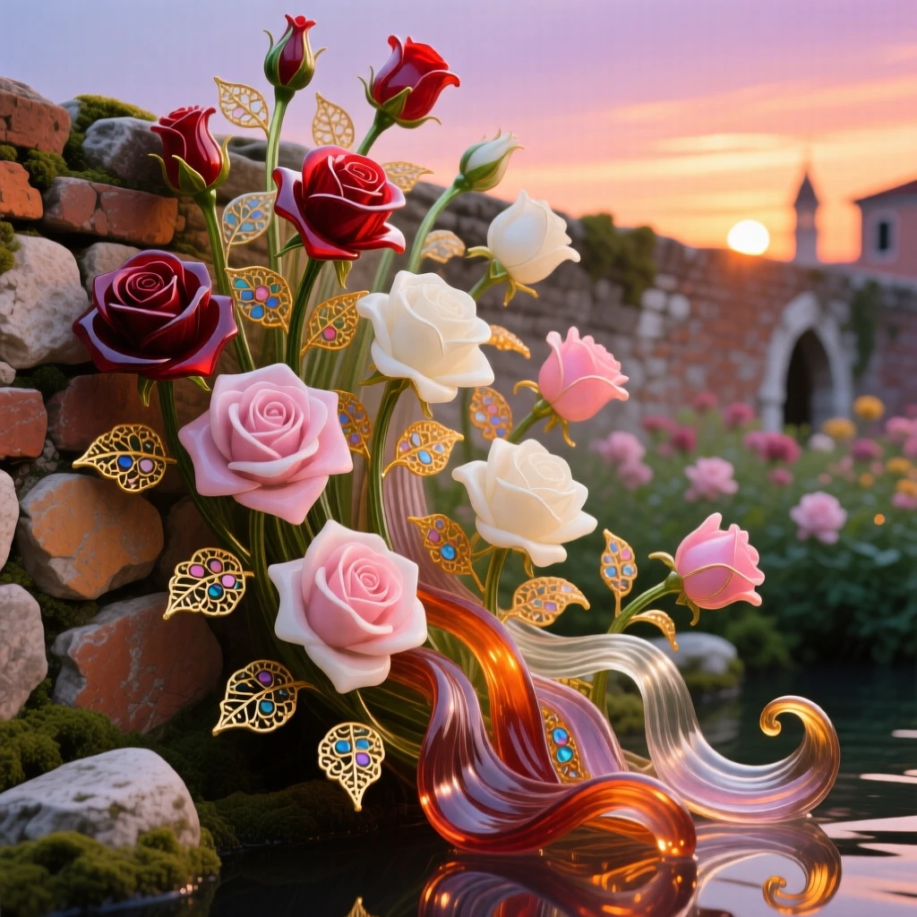 A field of blooming roses cascading over an ancient garden wall at sunset, romantic and lush.