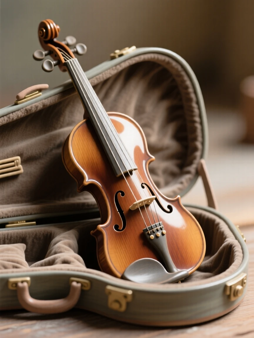 A violin resting against an open case staged with careful, artful precision, surrounded by soft shadows and warm tones, stirring fond memories of simpler times.