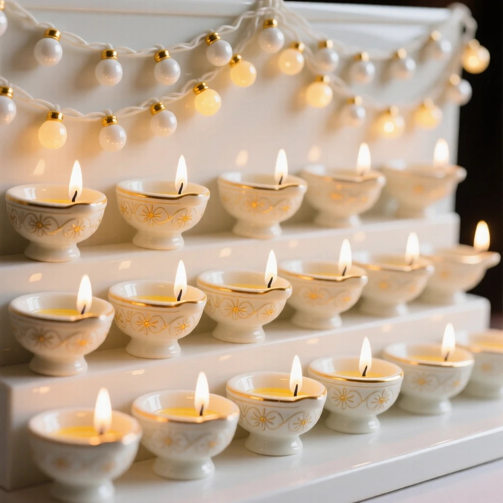 A joyful a Diwali celebration with rows of glowing lamps scene, softly glowing from strings of light.