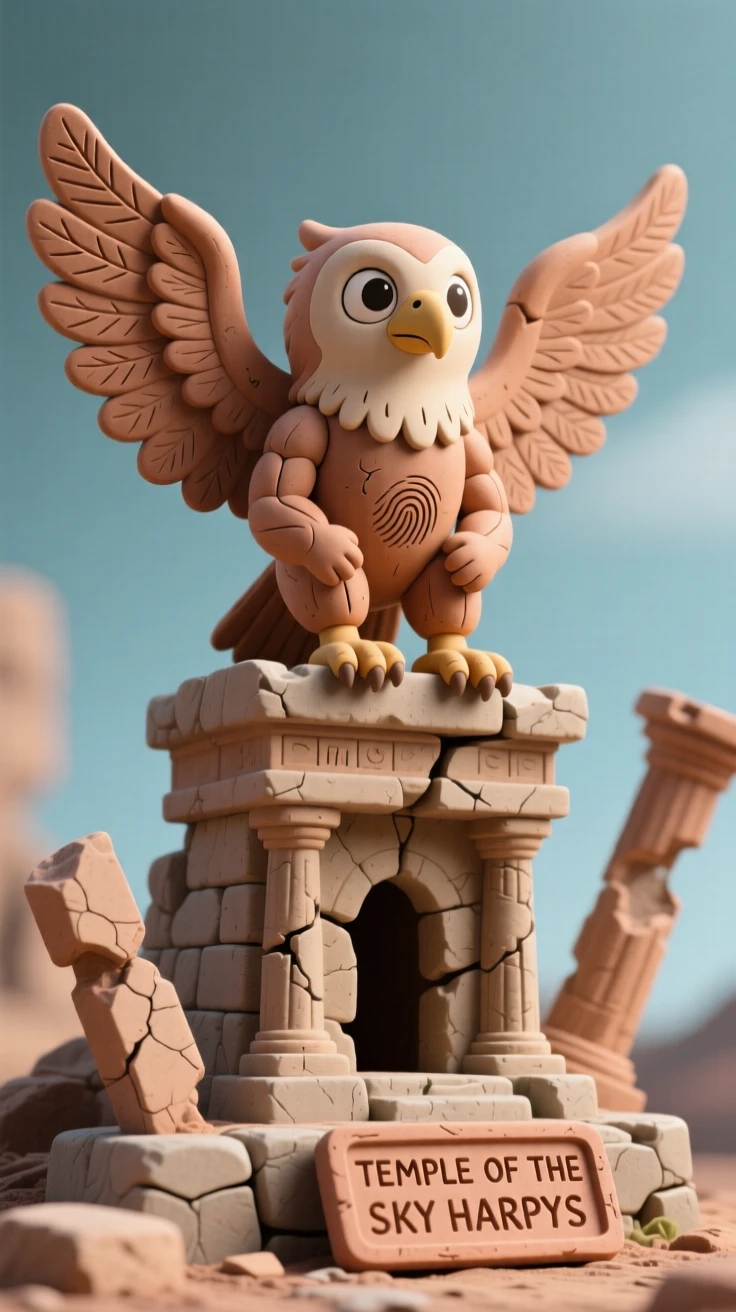 A harpy perched atop an ancient crumbling temple ruin