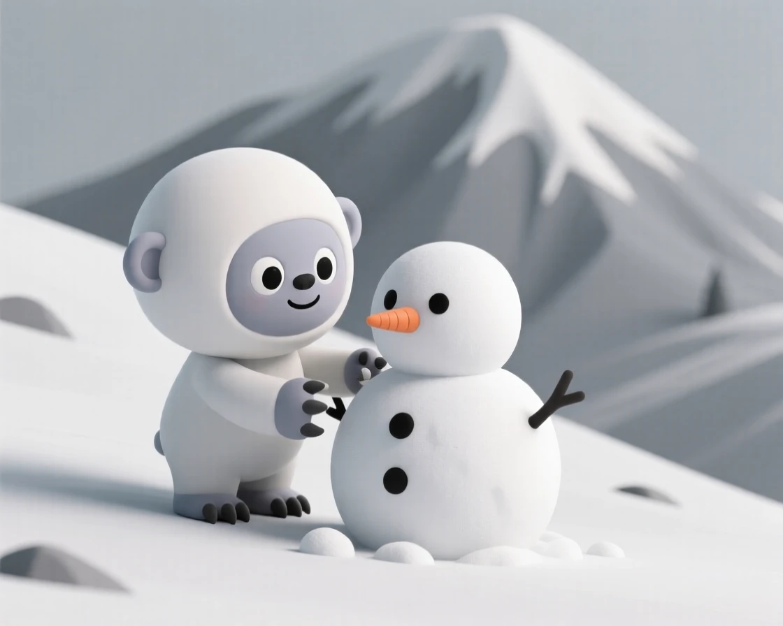 A curious baby yeti builds its very first snowman half its own size on a quiet mountain slope.
