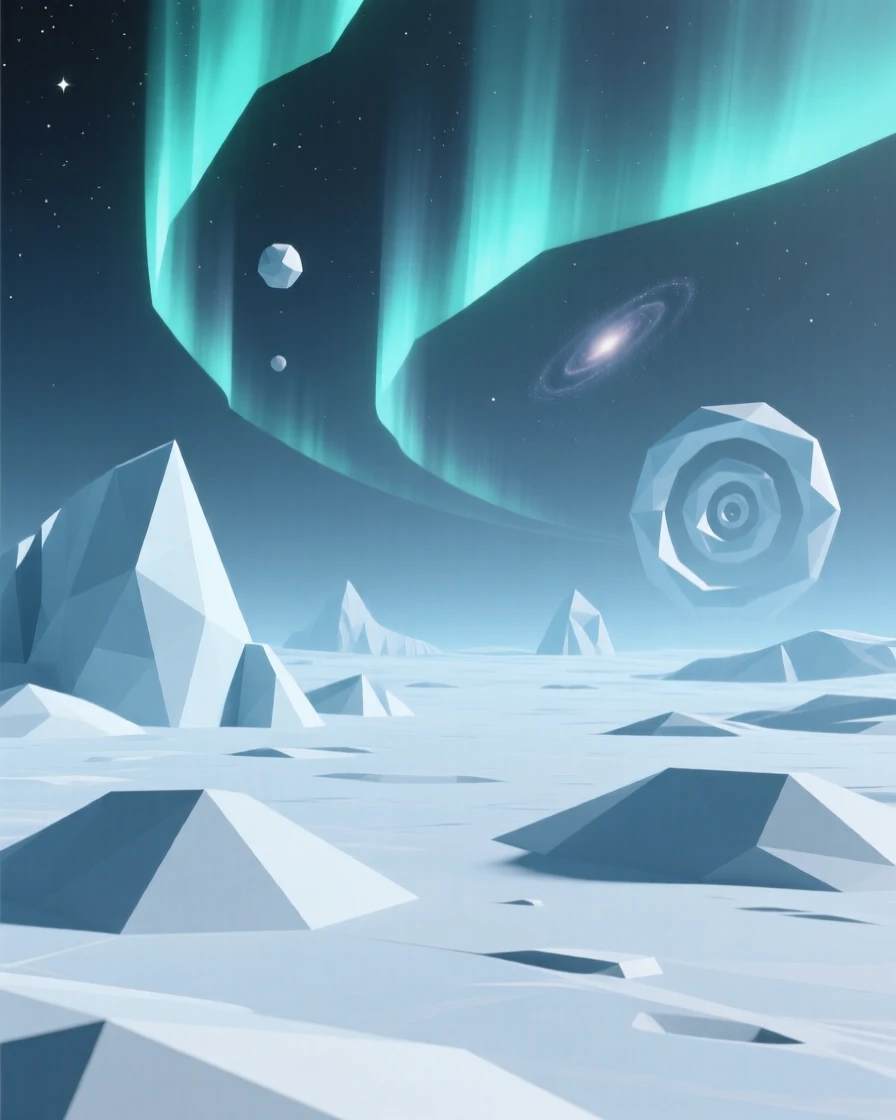 A vast ice planet with auroras dancing overhead, beneath the soft glow of distant galaxies. the composition uses a wide, immersive perspective. It captures a feeling of peaceful isolation.