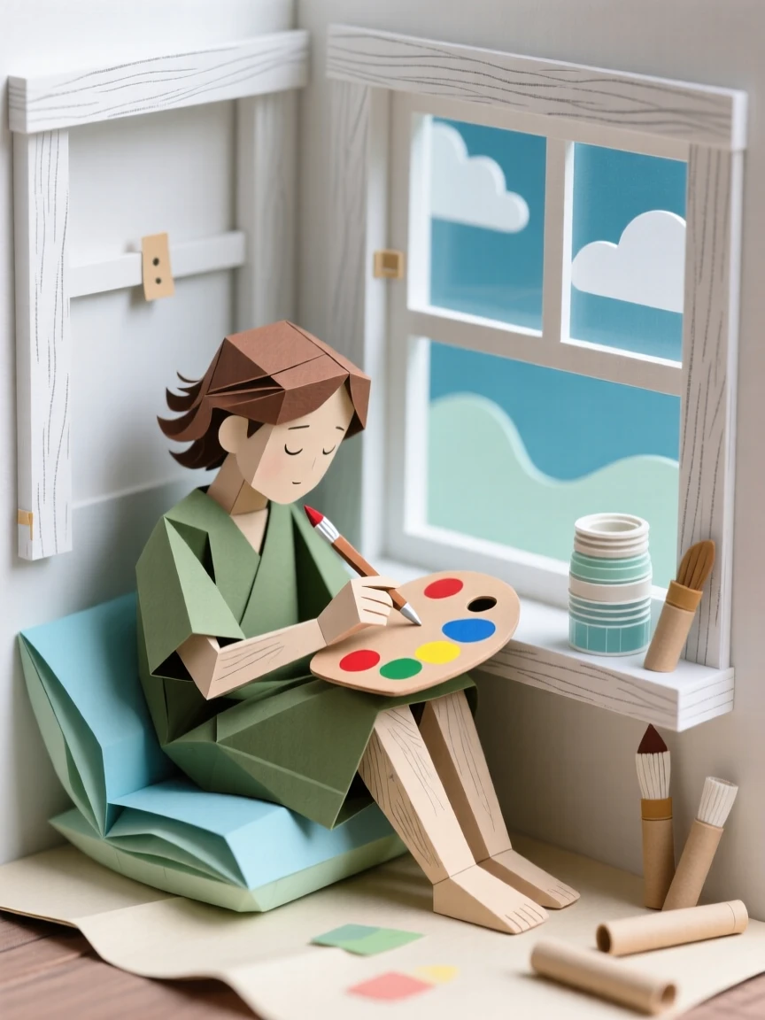 A dedicated painter curled up in a window nook, with a look of quiet concentration, evoking calm and personal fulfillment.