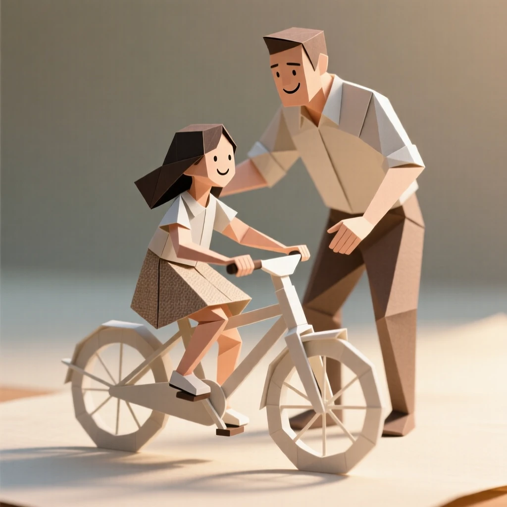 A father teaching his daughter to ride a bike, both beaming as she pedals alone for the first time.