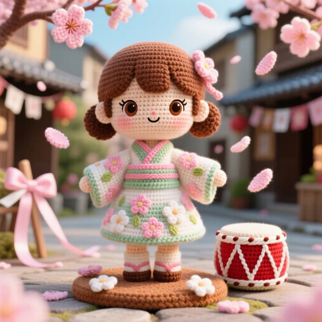 a little girl wearing a flower-patterned kimono-inspired dress, for a cherry blossom festival, is shown walking beneath falling petals in a village square decorated with flowers and ribbons beside a small drum resting nearby, capturing warm cultural pride and festive belonging.