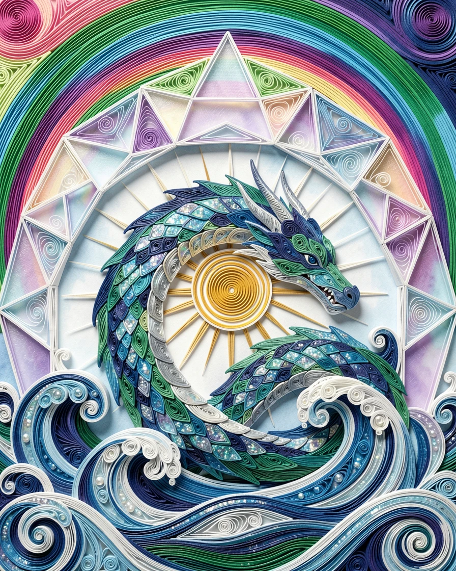 A magical fantasy scene of a sea dragon coiling gracefully through ocean waves within a crystal grotto glowing from within, under a sky painted in shifting aurora colors, centered with radiant light emanating outward.