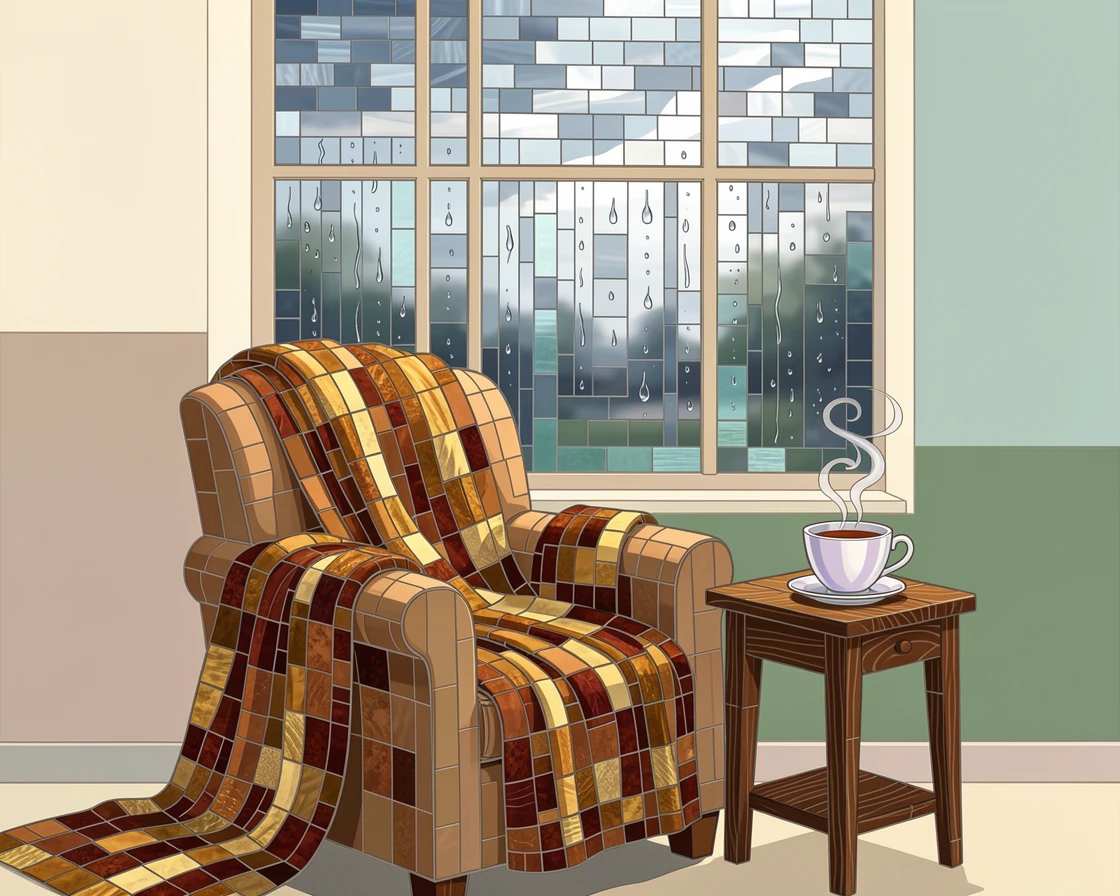 A charming, nostalgic scene of a cozy reading nook with a warm blanket and a cup of tea by a rainy window, evoking calm and comfort.