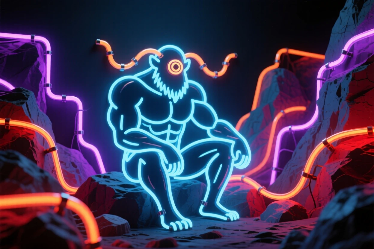 A cyclops sitting among boulders in a rocky canyon.