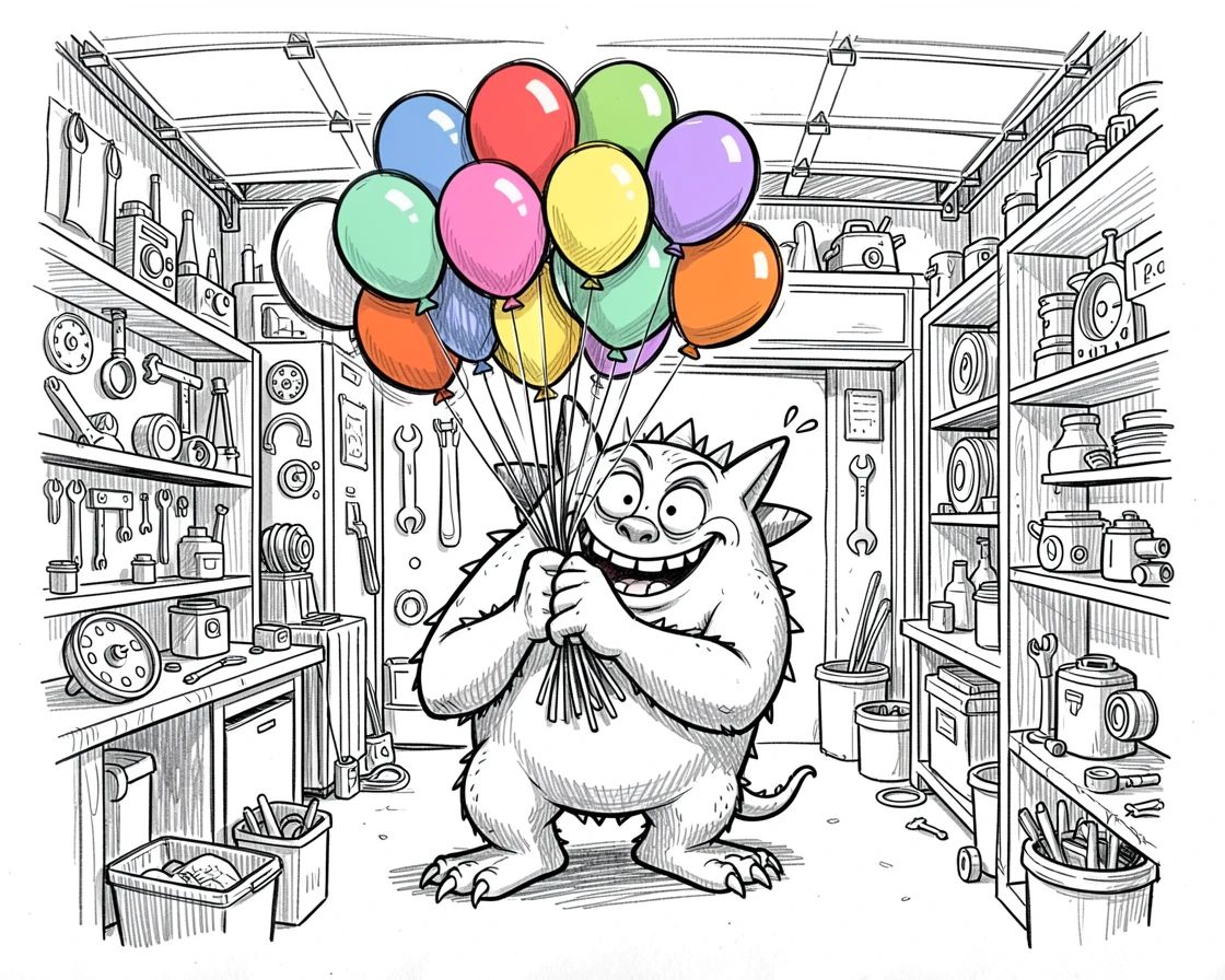 A monster with a bouquet of balloons at a party in a garage full of tools and gadgets.