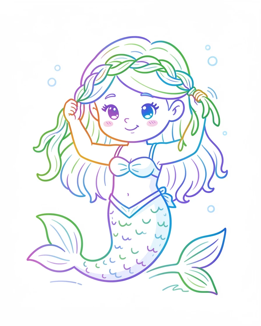A tiny mermaid character braiding seaweed into her hair.