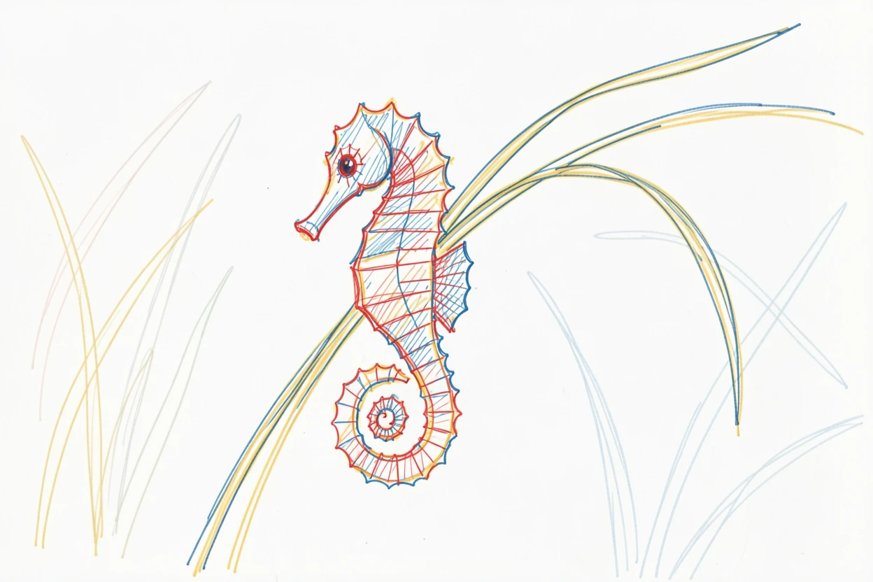 A seahorse clinging delicately to a strand of swaying seagrass