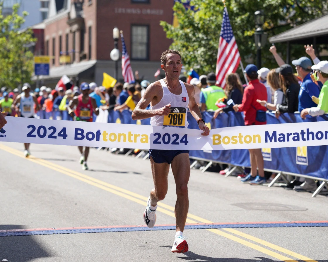 A Boston Marathon runner crossing the finish line