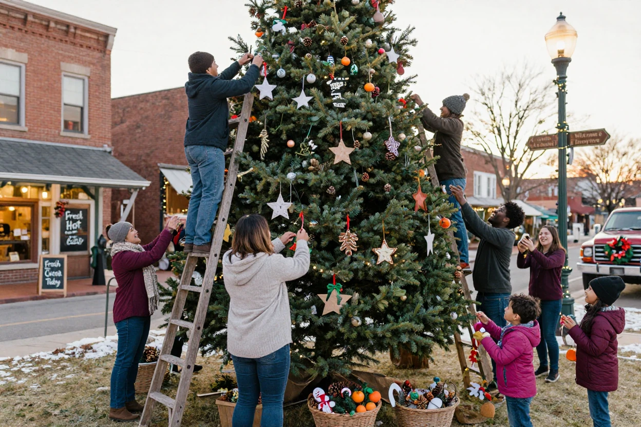 Neighbors decorate a towering tree in the town square with handmade ornaments.