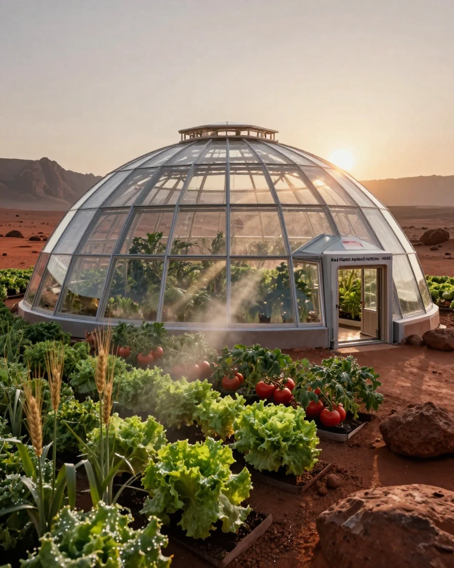 A vast greenhouse dome growing crops on the surface of a red planet