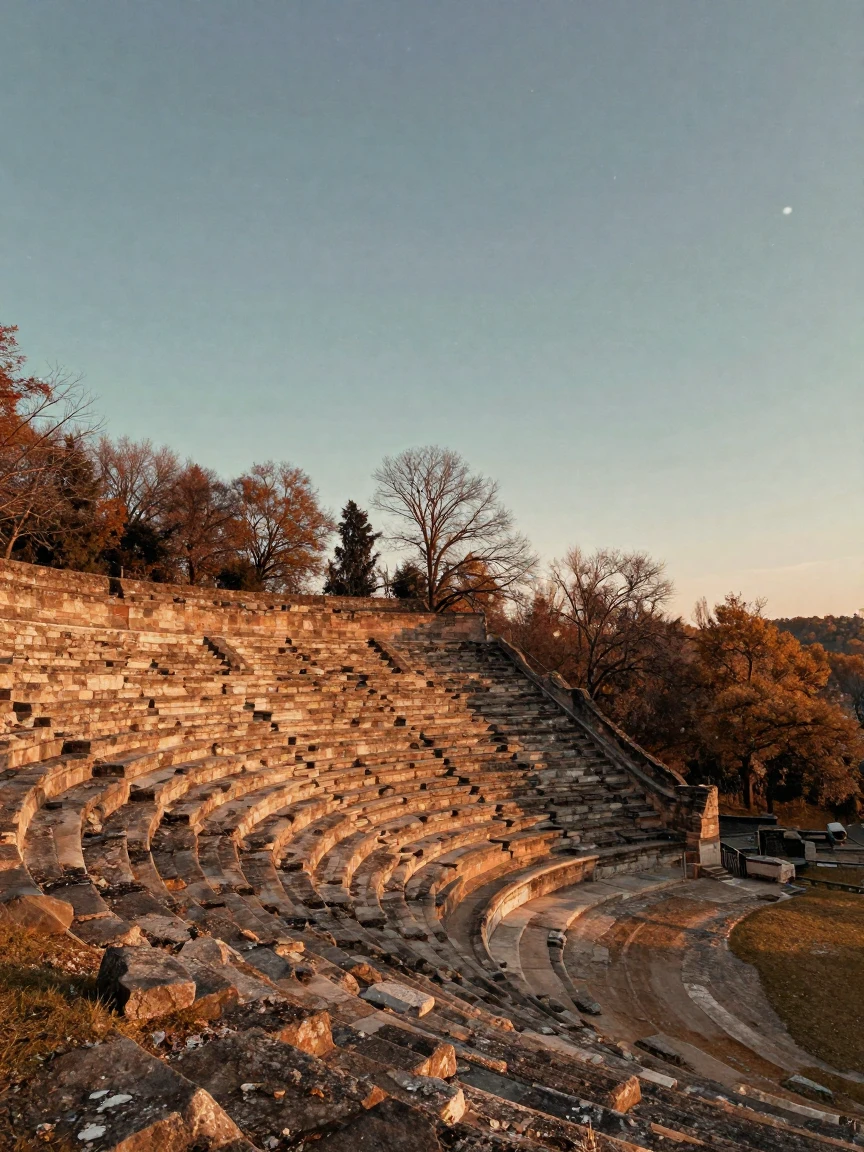 An ancient stone amphitheater bathed in warm evening light, under a canopy of stars, amid gently falling snow, in late autumn, in earthy terracotta and ochre shades, from a wide establishing view.