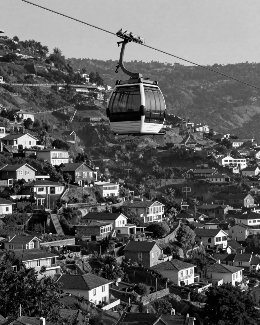 A gondola cable car carries passengers above a hillside city above a terraced hillside town.