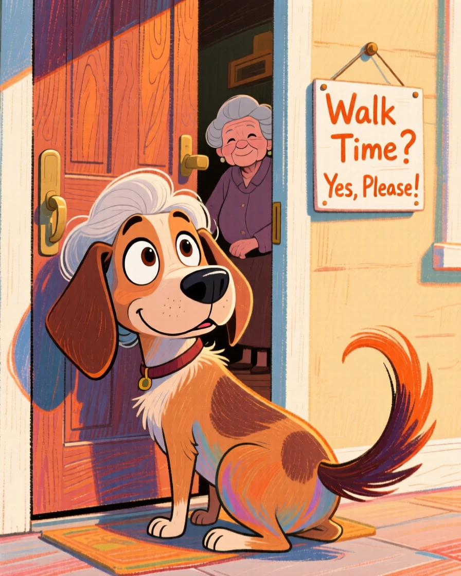 A grandmother's dog patiently waiting by the door for their daily walk.