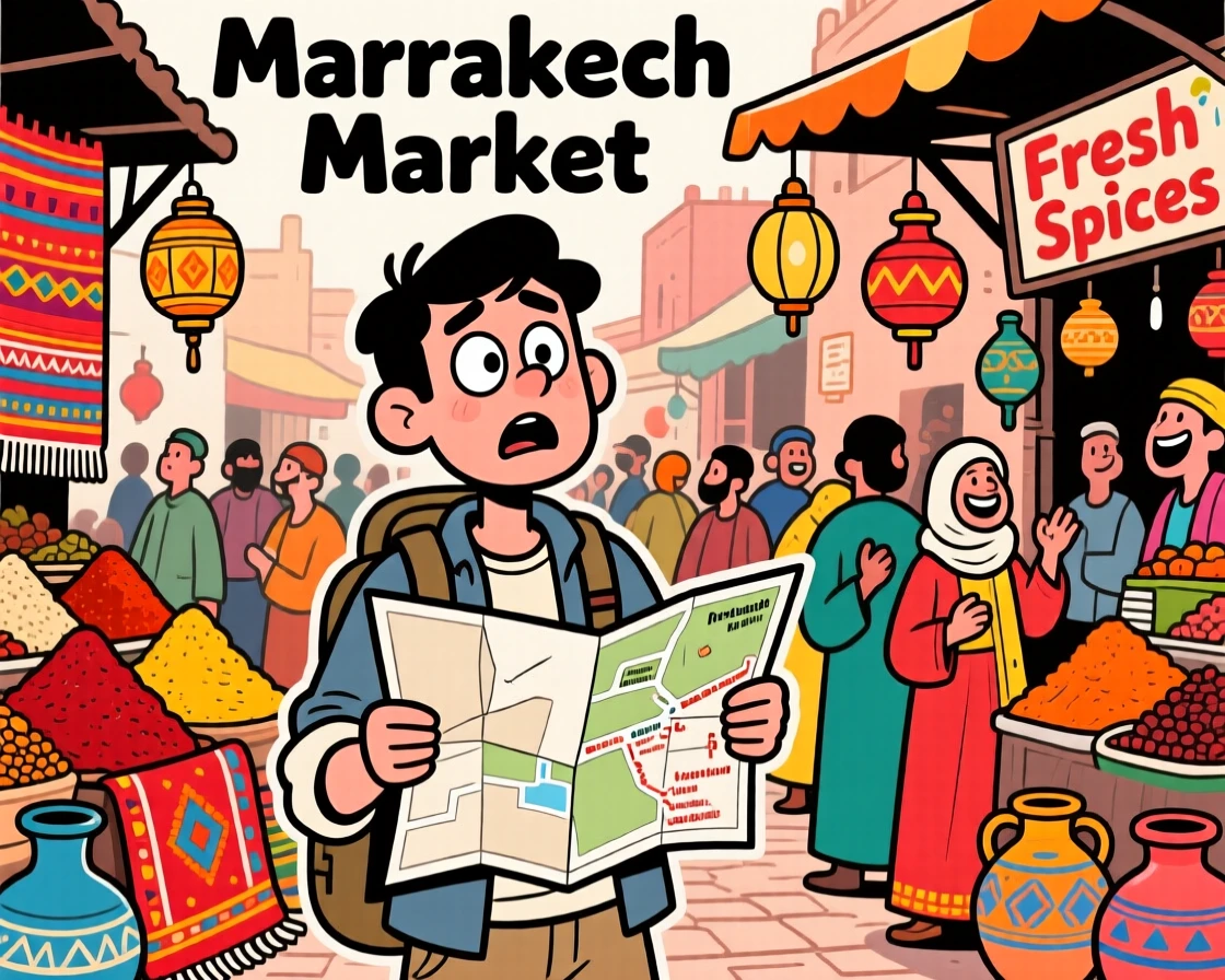 An iconic travel scene featuring a curious traveler wandering through a bustling market in Marrakech, with a map slightly askew in hand.