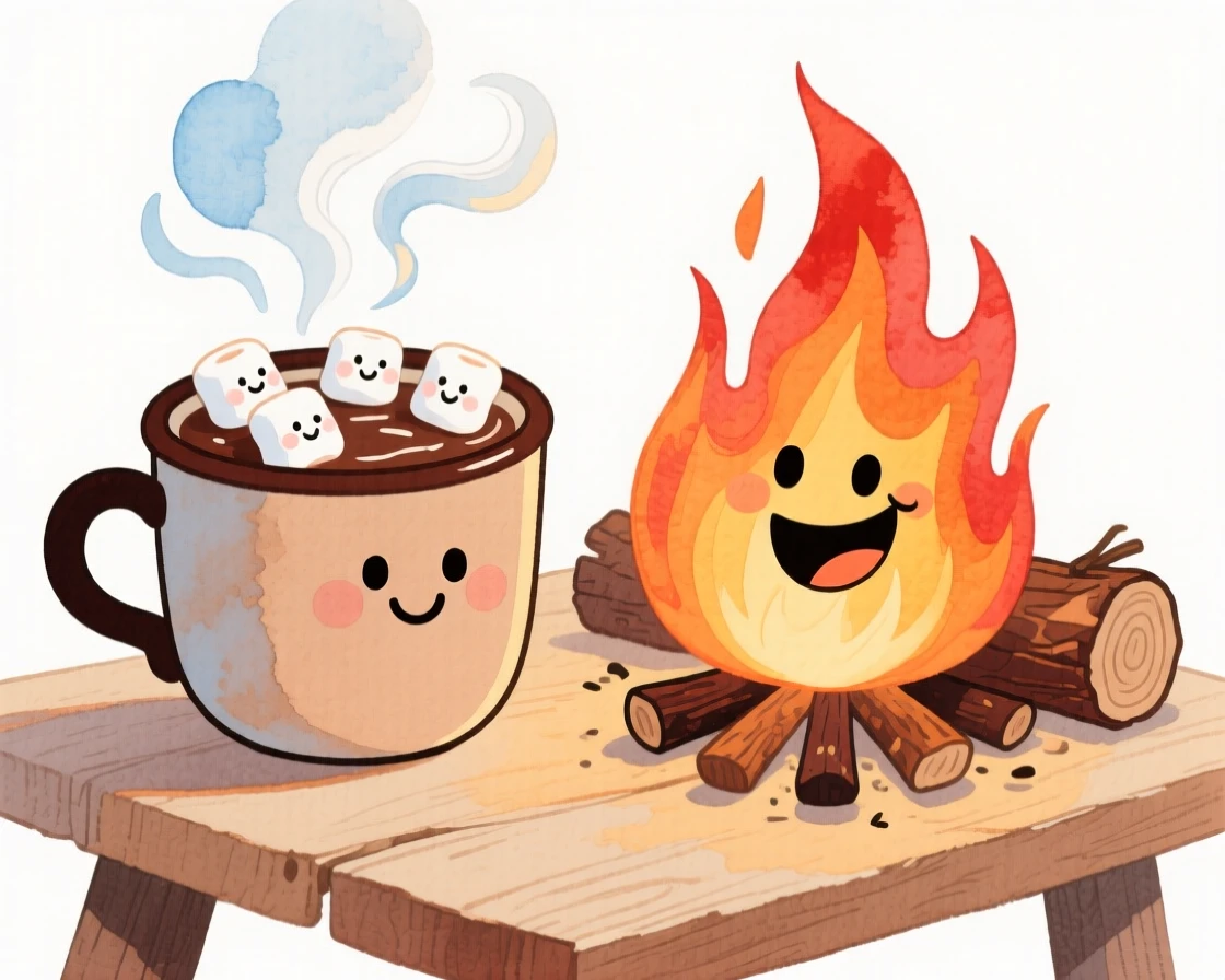 A cozy, appetizing, rustic and comforting scene of a steaming cup of cocoa with marshmallows beside a crackling fire