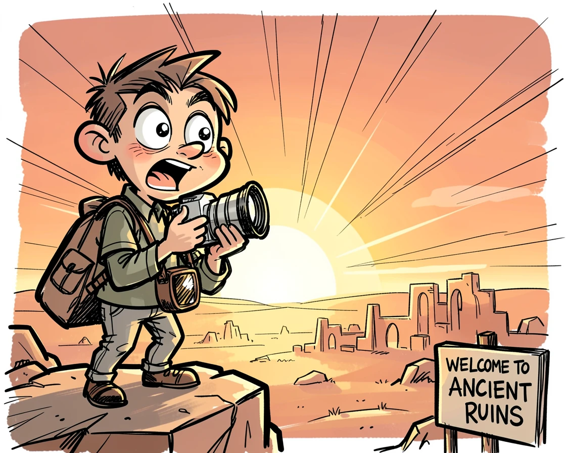 [Travel & Cultural Experiences] Vivid travel scene of a curious photographer watching a sunrise over ancient ruins, full of wonder and adventure