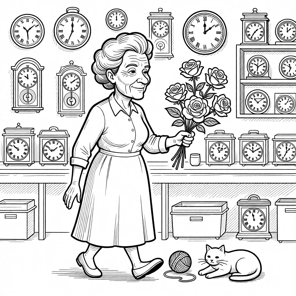 A grandmother showing off her prize-winning garden roses, swinging arms gently in matching, unhurried strides, set in a workshop filled with ticking clocks. A ball of yarn rolls gently as the cat shifts. The scene radiates hard-won wisdom shared with love.