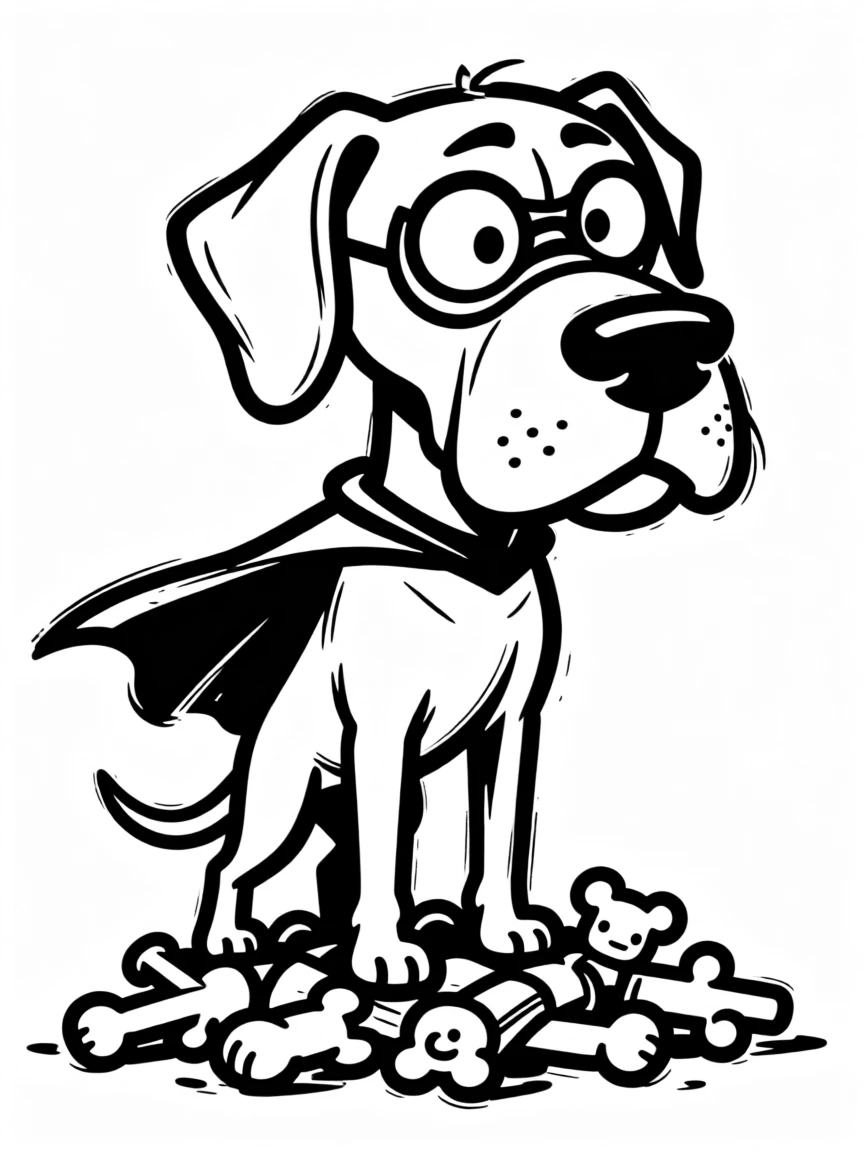 A great dane wearing a tiny cape and mask, guarding a pile of toys heroically.