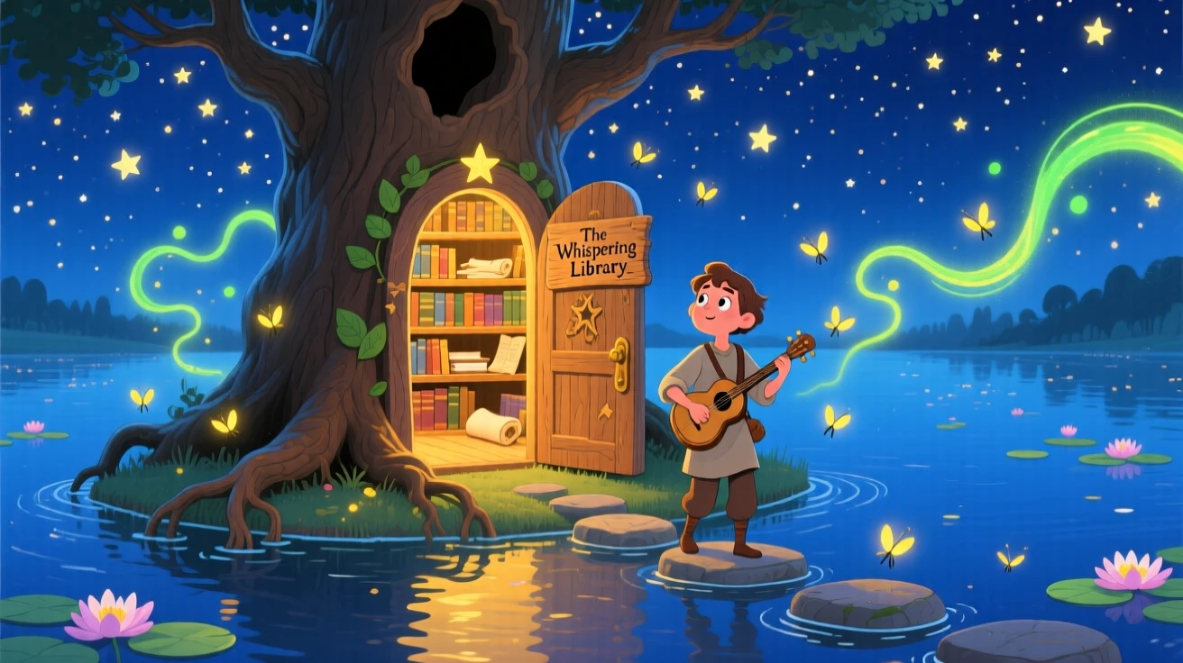 Deep within a starlit lake, a wandering bard spends the evening discovering a hidden library inside a giant oak, with fireflies weaving glowing trails.