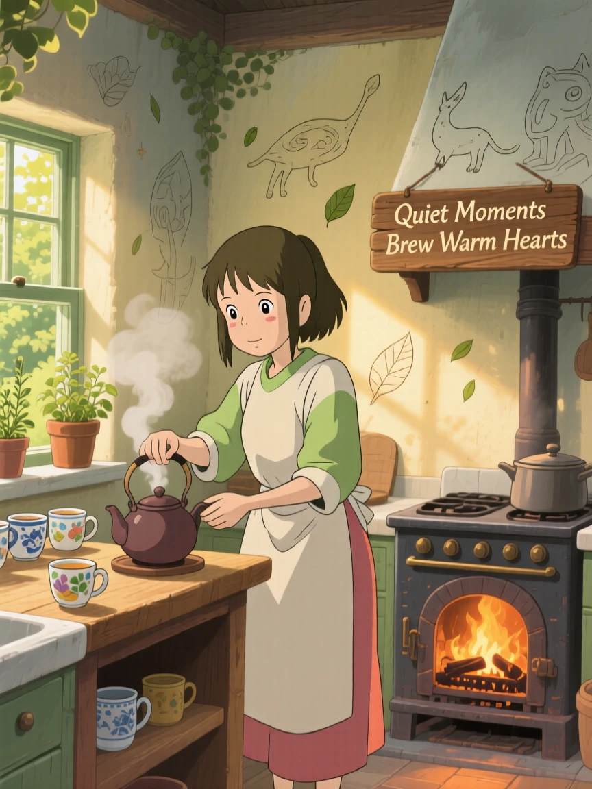 A woman brewing tea in a sunlit kitchen, a woodstove crackling quietly in the corner, the whole scene feeling peaceful and unhurried.