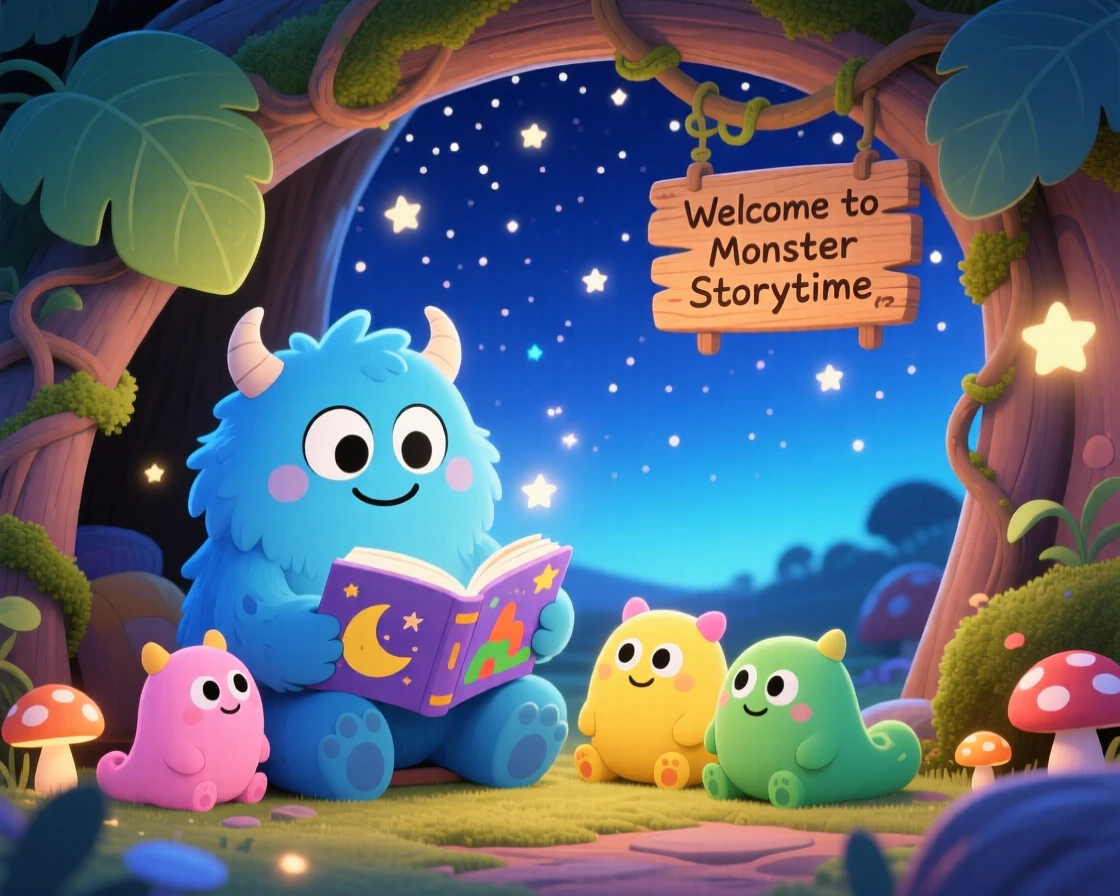 Full-body shot: a fluffy blue monster, reading a bedtime story to smaller monsters, set against a cozy monster den under a clear summer sky, with sparkling starlight and a mood of wide-eyed wonder.