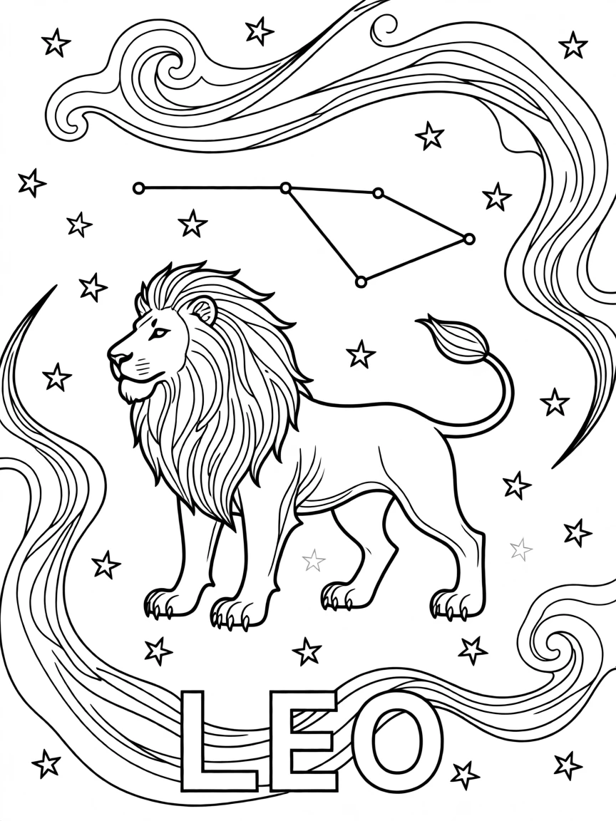 A zodiac constellation illustration of Leo the lion, formed from connected stars against a night sky filled with smaller stars and swirling nebula clouds.