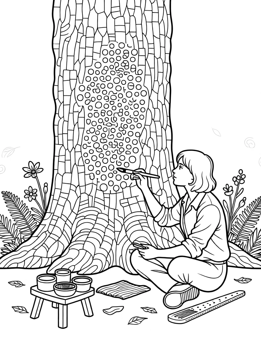A dot-painting artist working on bark.