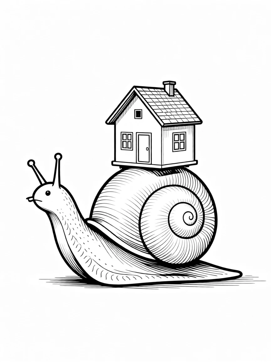 A tiny snail carrying a tiny house on its back