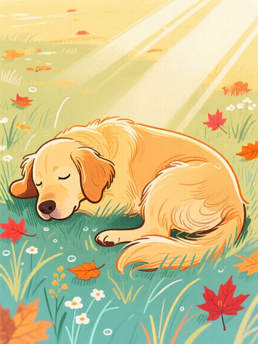A golden retriever napping in a sunlit meadow on a crisp autumn day.