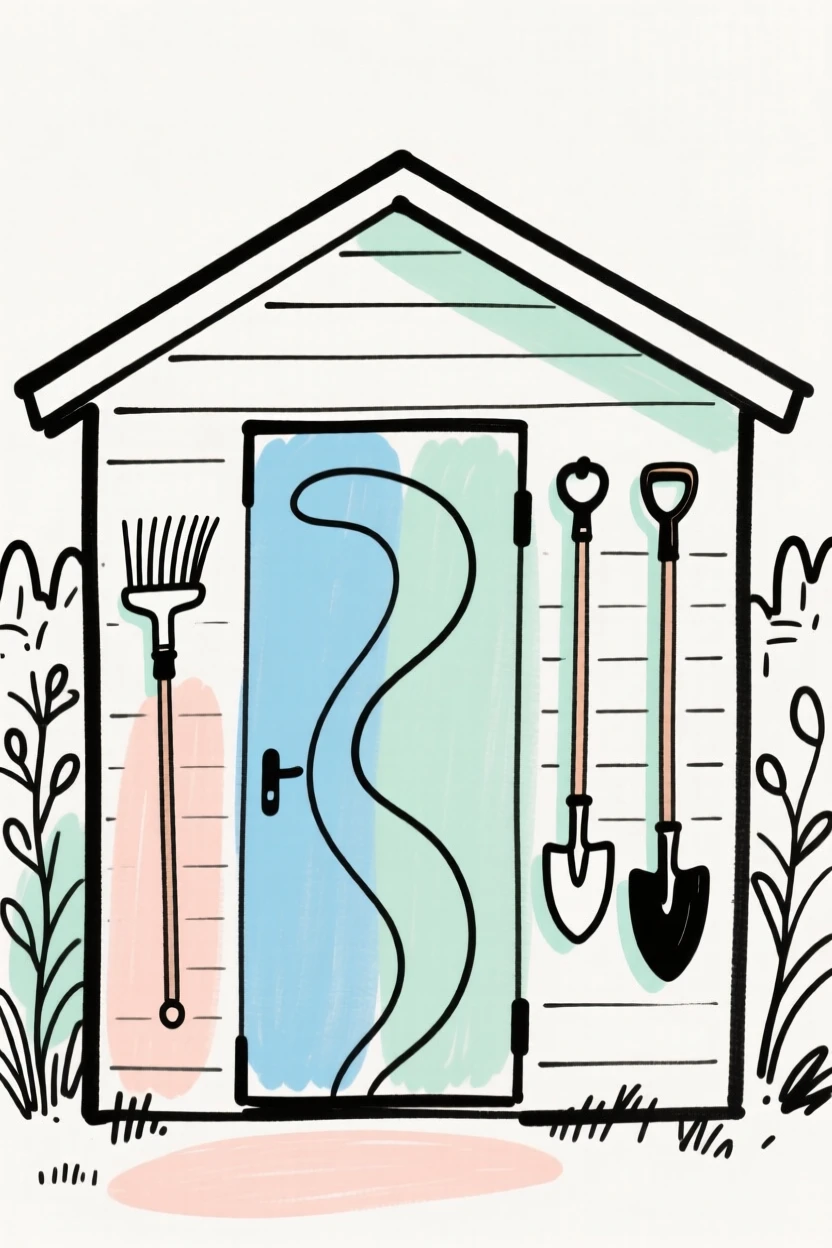 A garden shed with hanging tools